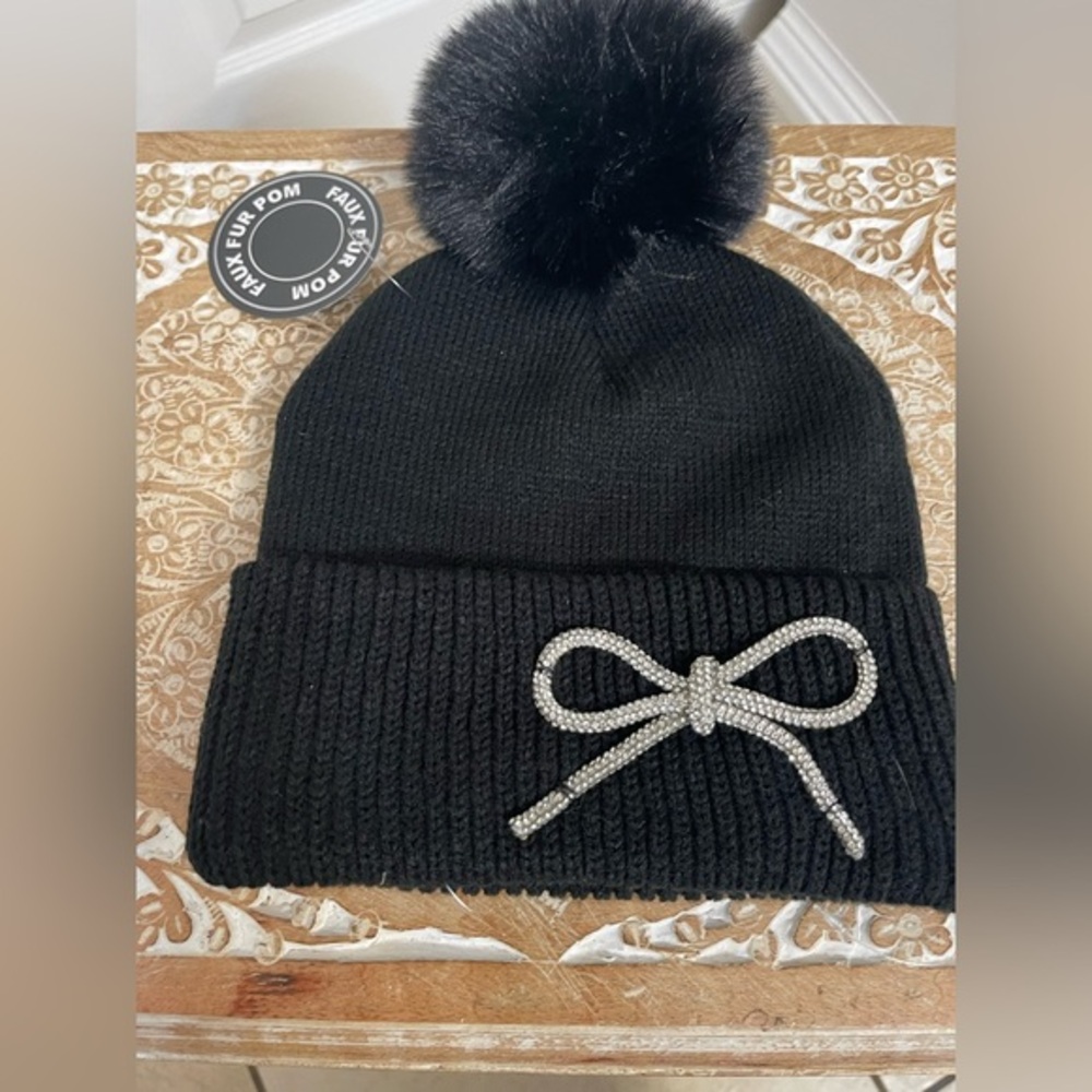 Steve Madden Black Knit Beanie with Pom and Bow Accent